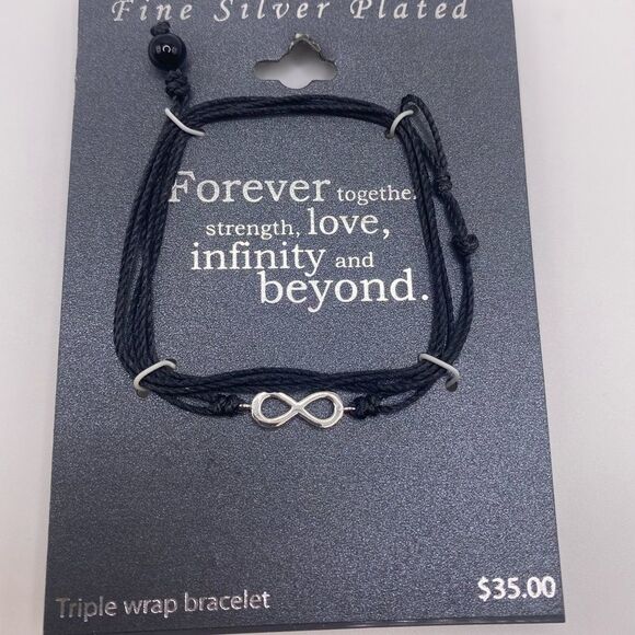 4/$20 Silver Plated Infinity Bracelet with Black Cord - Picture 1 of 3